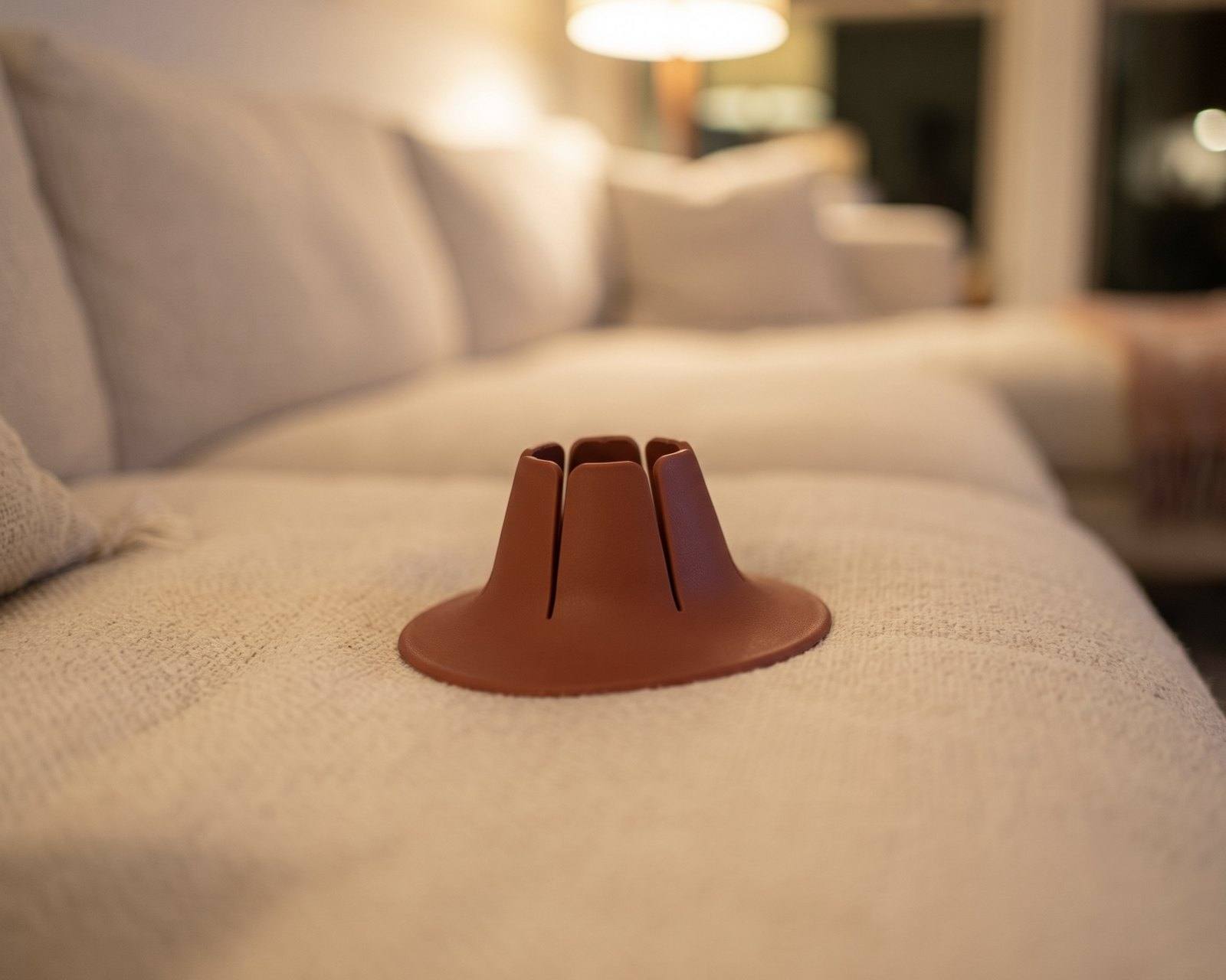 The wide, low base spread flat across a soft couch cushion, the cushion compressing around it.