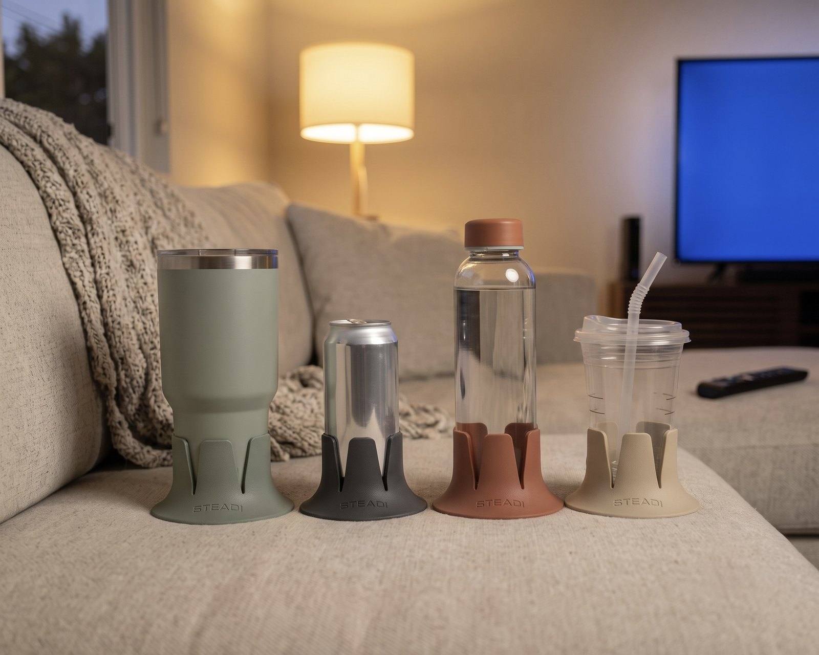 A tumbler, can, water bottle, and cup, each in a colored holder, in a row on a couch.