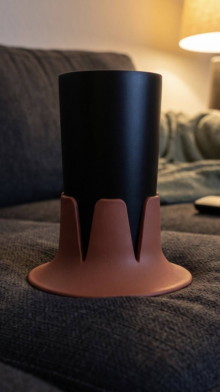 A full tumbler standing steady in the holder on a couch cushion.