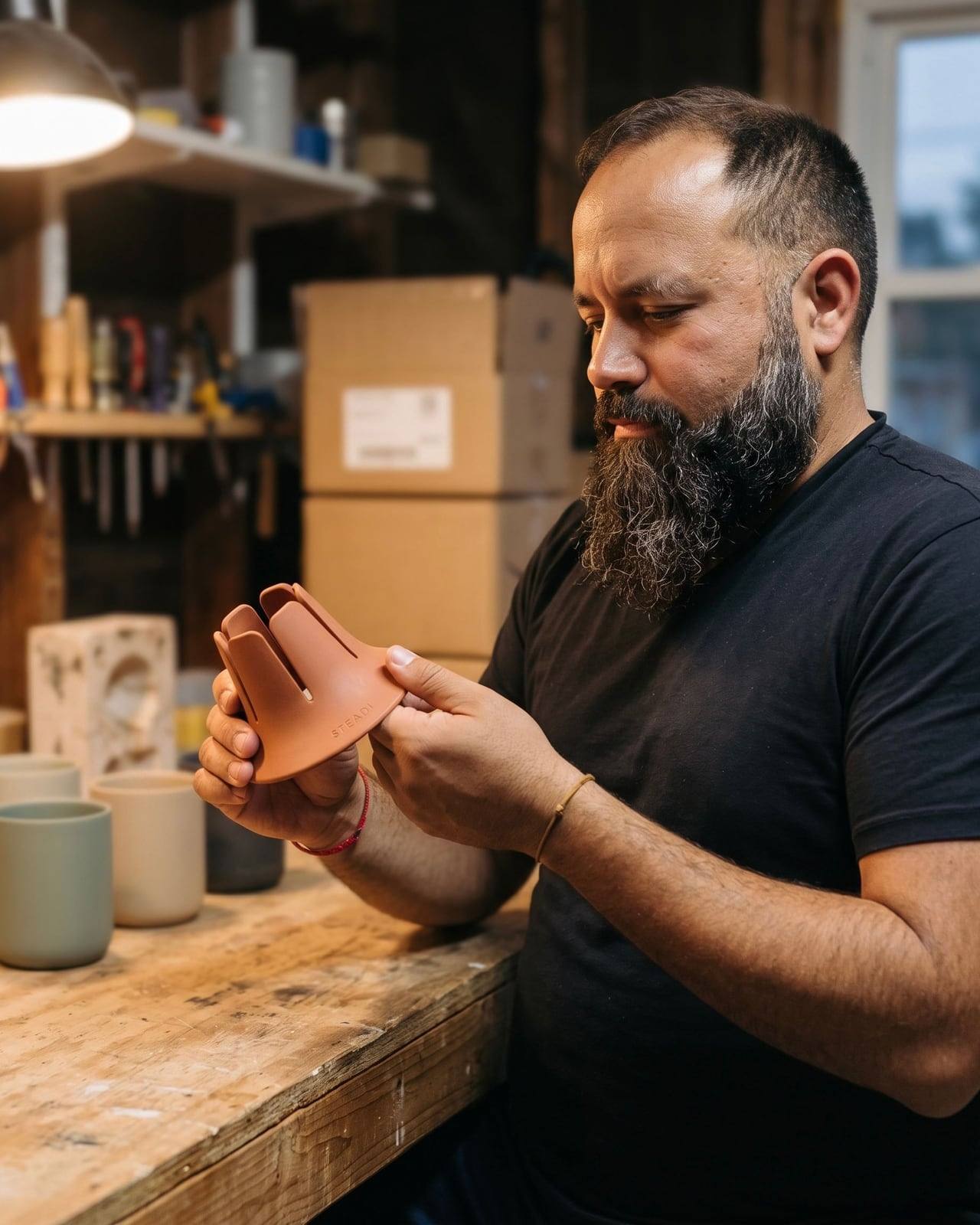 Scott, the founder, holding the flexible drink base in terracotta.