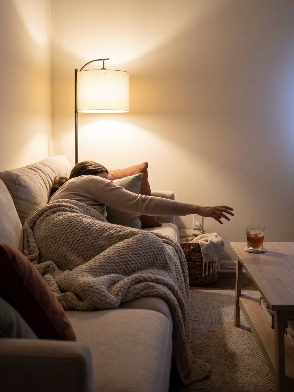 A person on the couch reaching toward a drink on a coffee table several feet away.