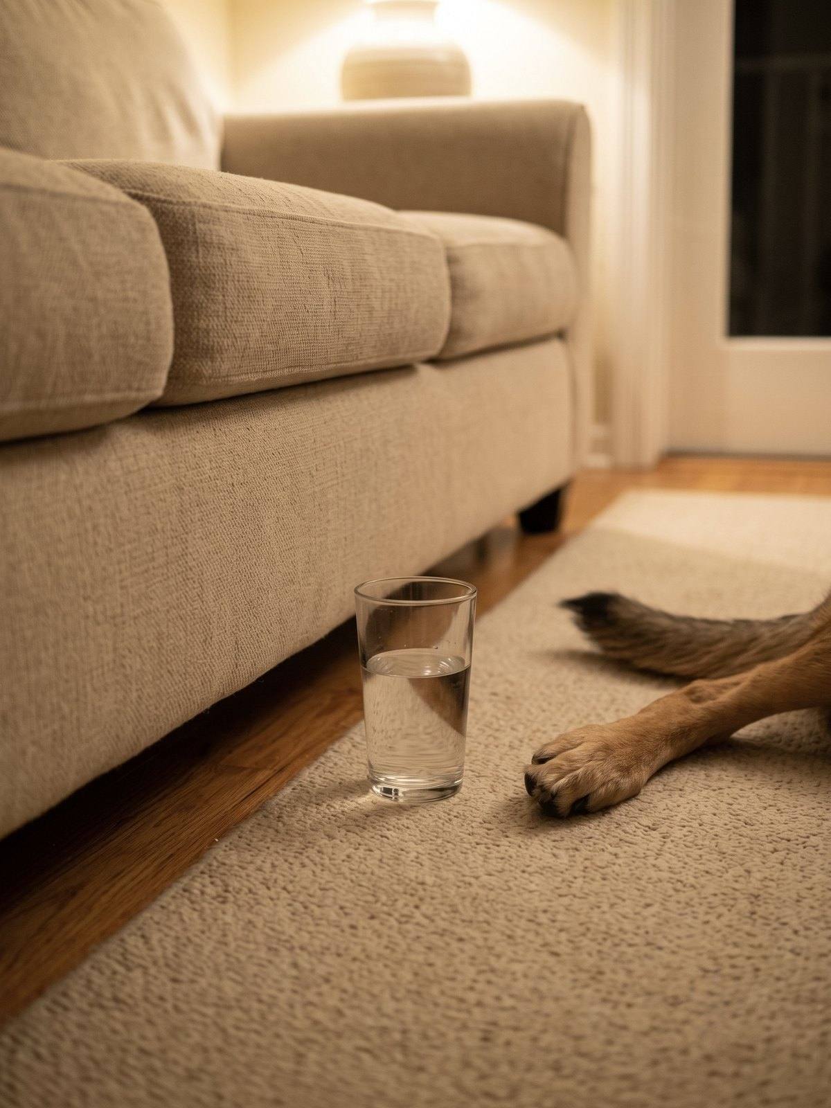 A glass of water on the floor beside a dog's paw and tail.