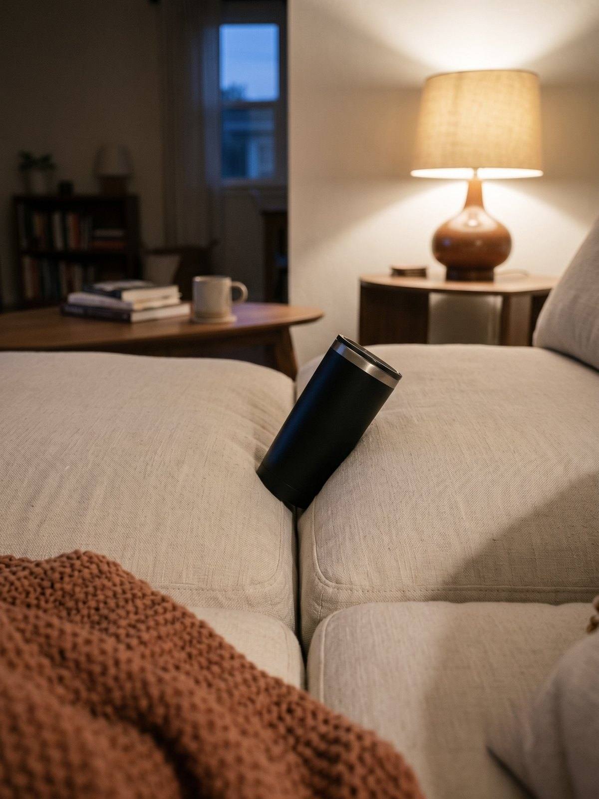 A tumbler wedged and tilted between two couch cushions.