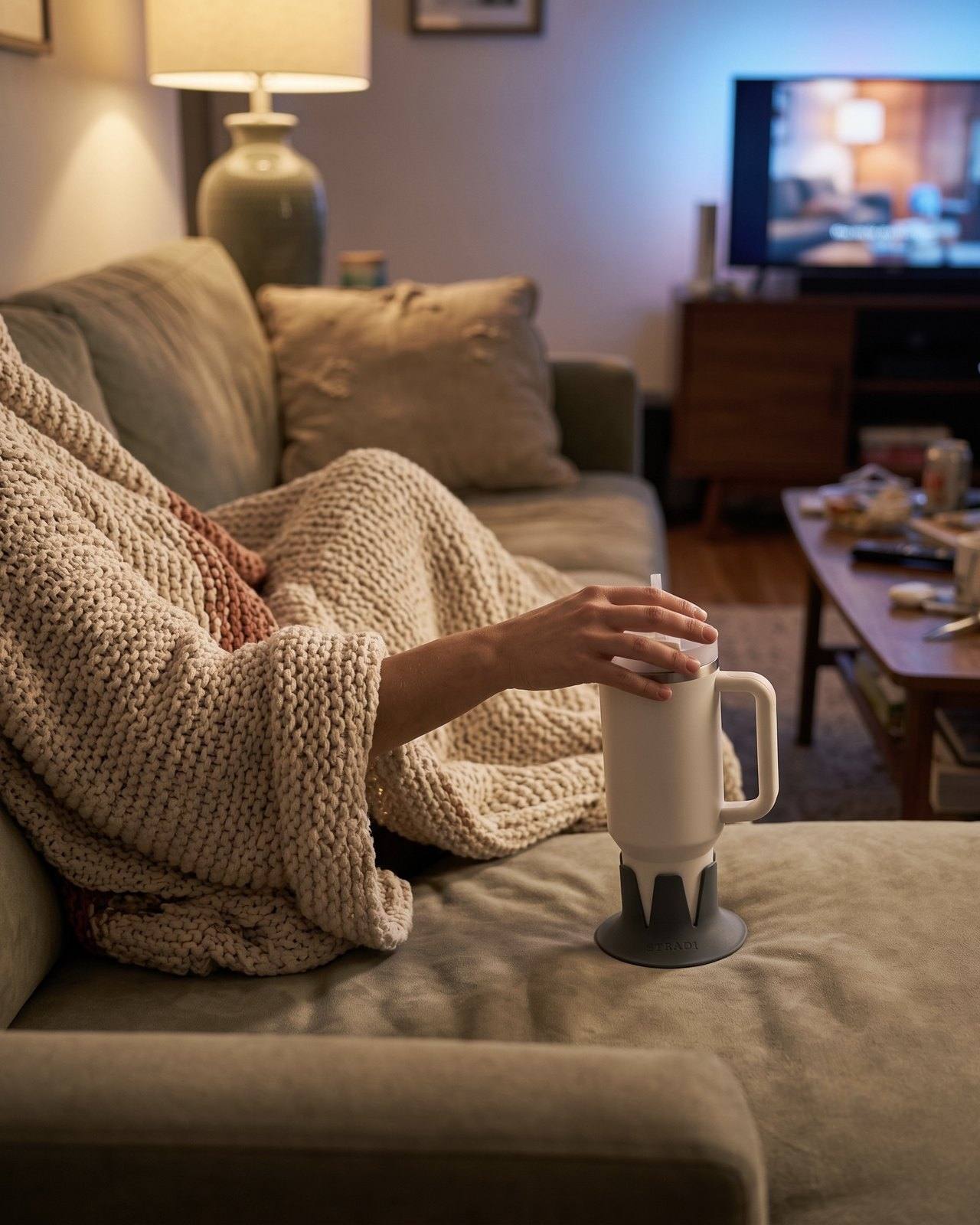 A hand reaching from under a blanket to a holder with a tumbler on the cushion.