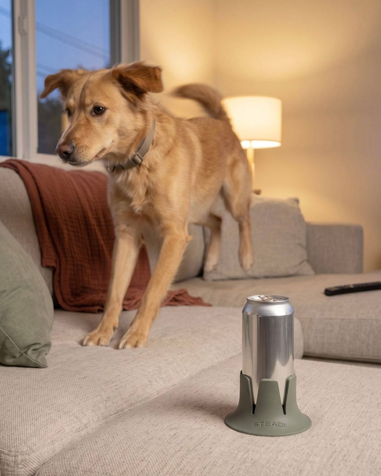 A dog stepping onto the couch beside a can steady in the holder.